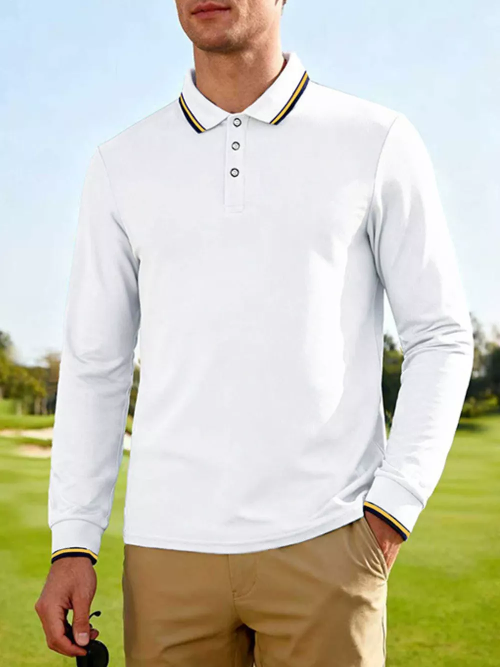 Men's Full Size Classic Long-Sleeve Polo with Striped Collar Plus Size, image 14