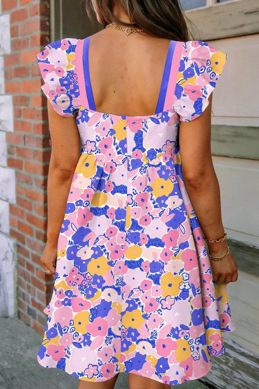 Floral Print Flutter Sleeve Striped Trim Square Neck Loose Mini Dress, image 4