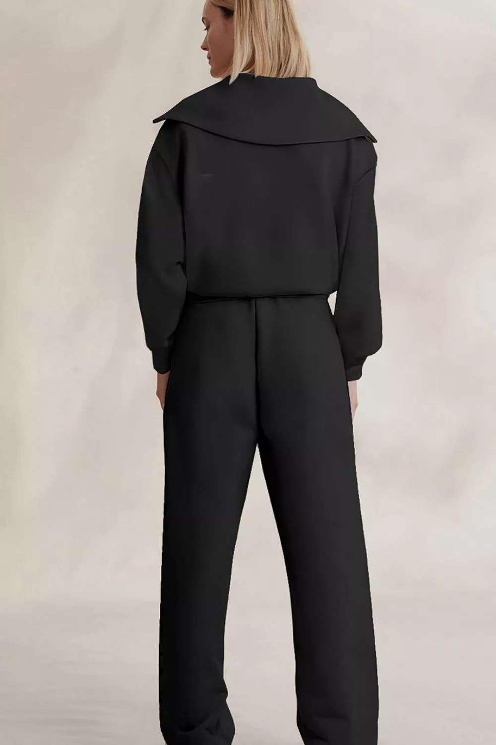Solid Zip Sailor Collar Pullover Athleisure Sweatpants 2pcs Set, image 6