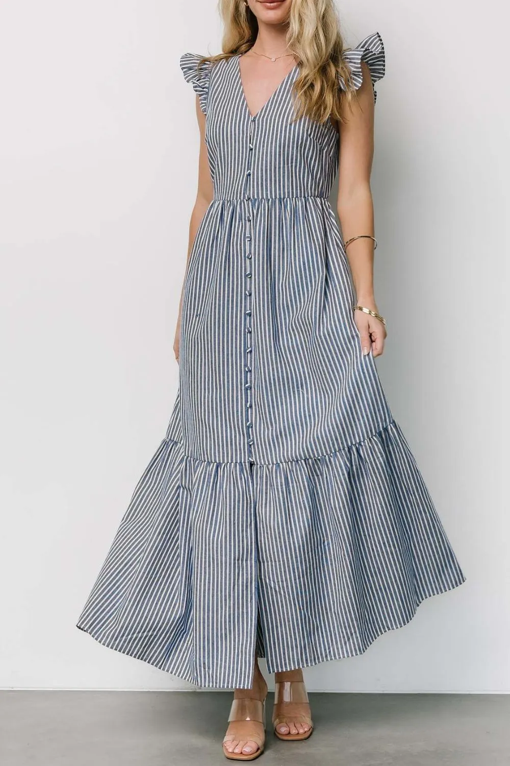 Slit Striped V-Neck Ruffled Cap Sleeve Dress, image 8