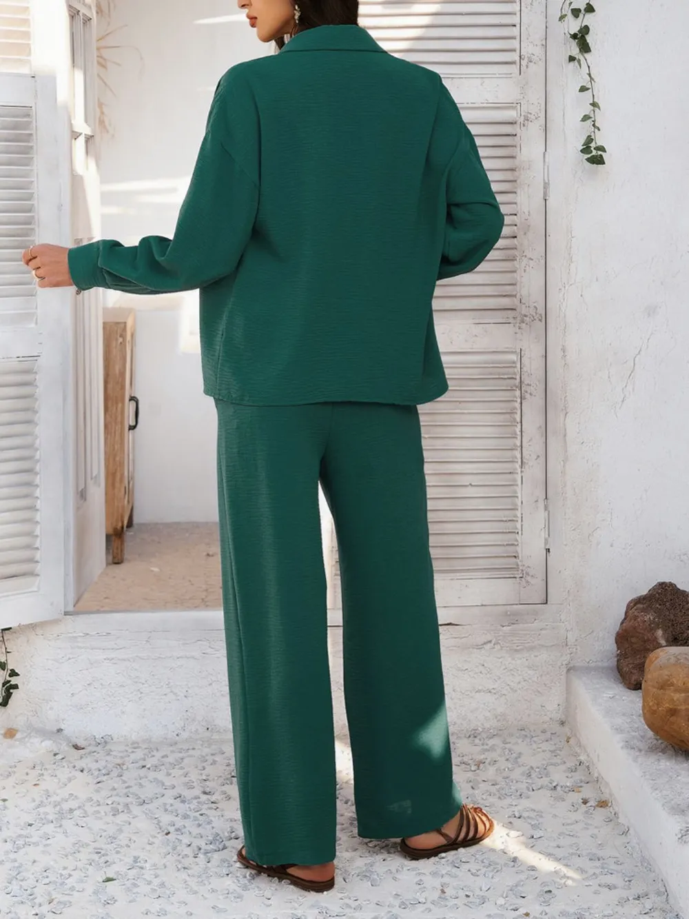 Collared Neck Long Sleeve Top and Pants Set, image 15