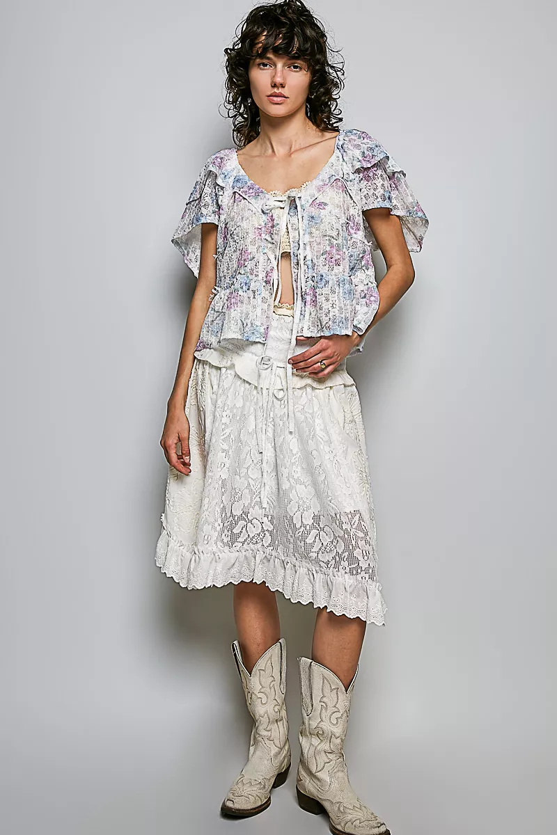 POL Lace Detail Floral Tie Front Ruffle Short Sleeve Blouse, image 4