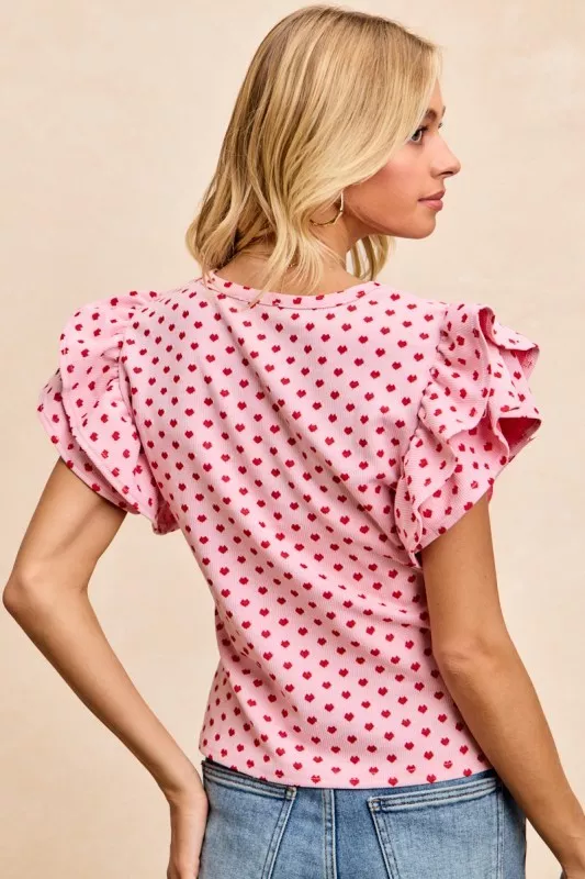 Heart Patterned Knit Ruffled Sleeves Top, image 9