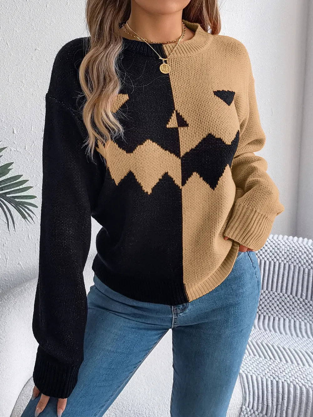Contrast Round Neck Long Sleeve Sweater, image 11