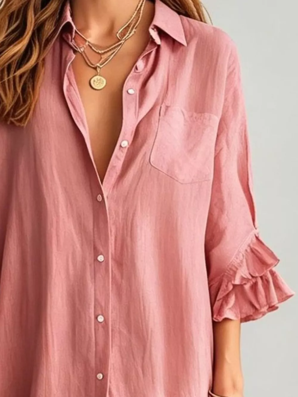 Full Size Ruffled Trim Button-Down Maxi Shirt Dress Plus Size, image 12
