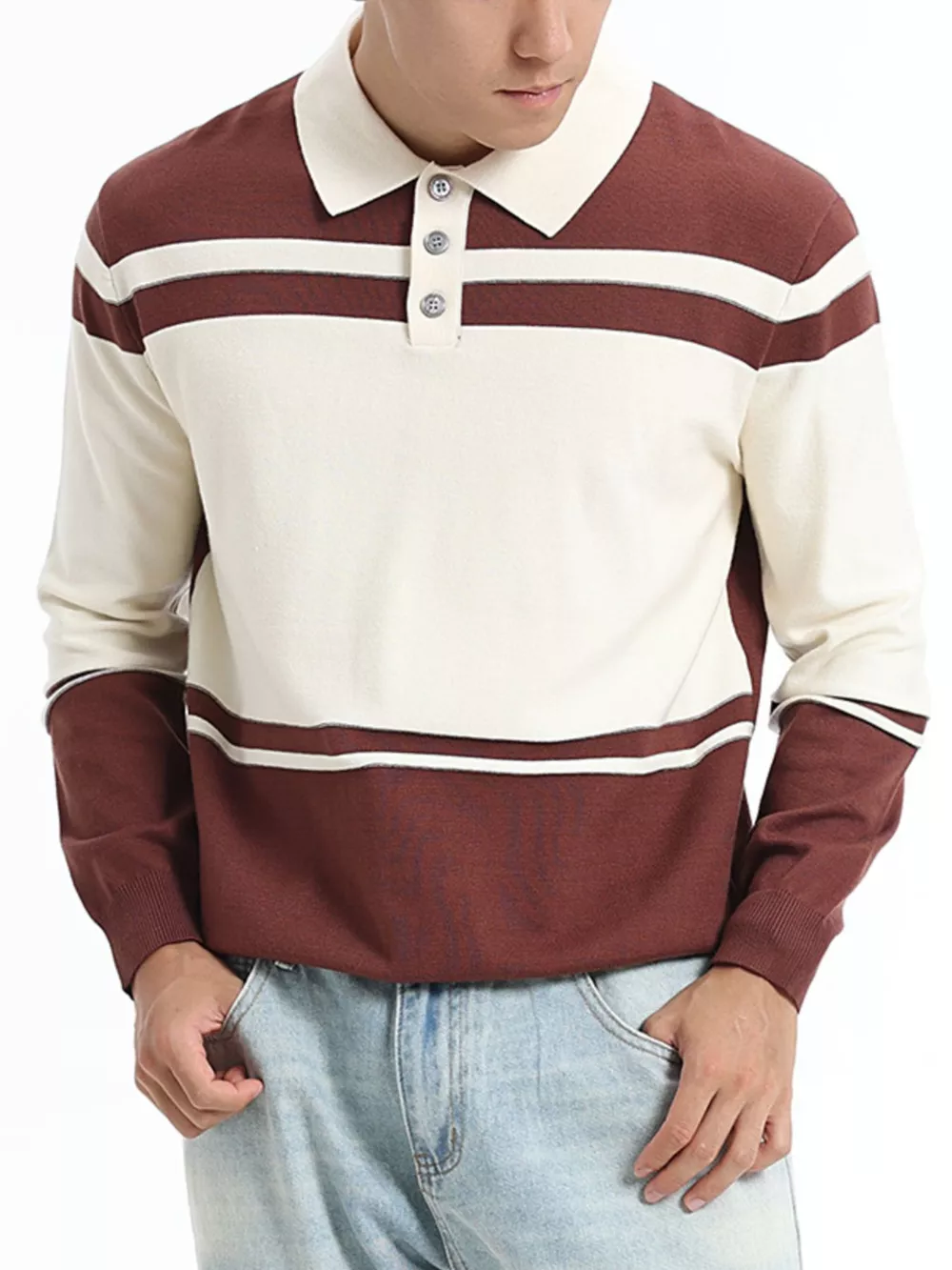Men's Plus Size Color-Block Striped Polo Collar Sweater
