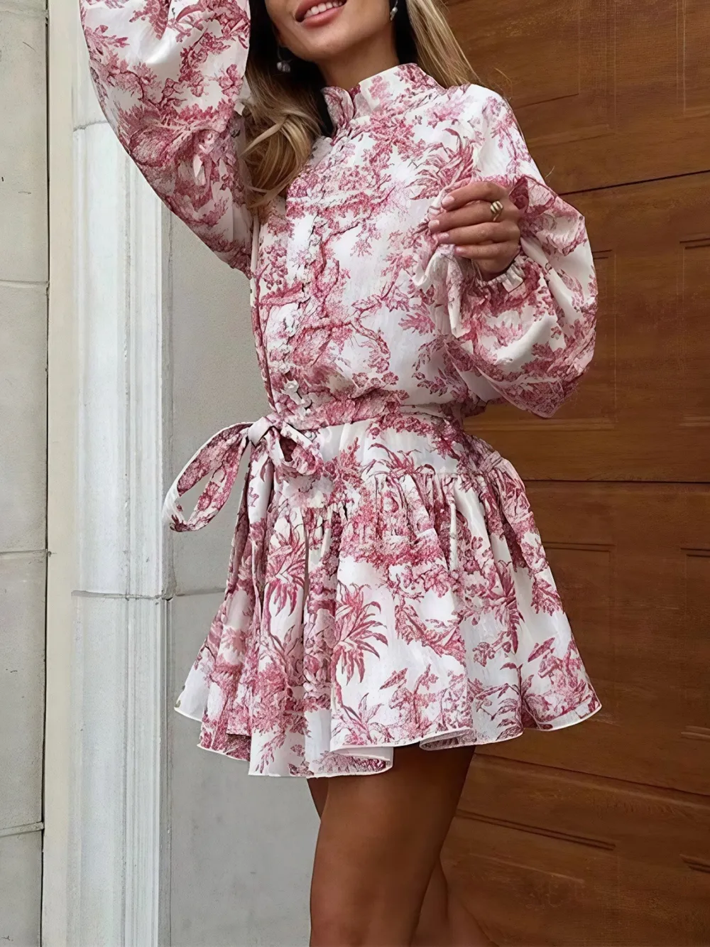 Printed Balloon Sleeve Tie Waist Dress, image 10