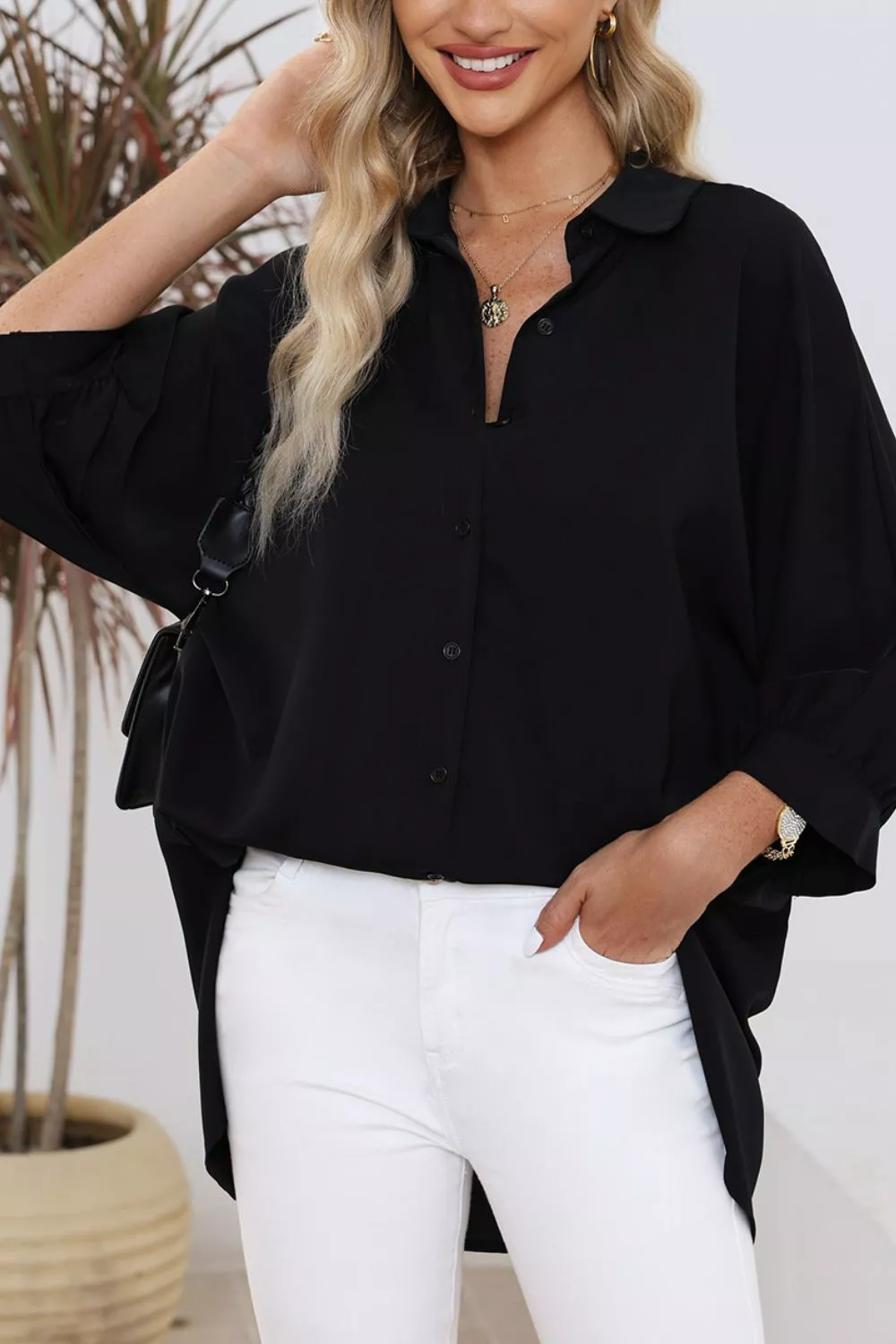Collared Neck Three-Quarter Sleeve Shirt
