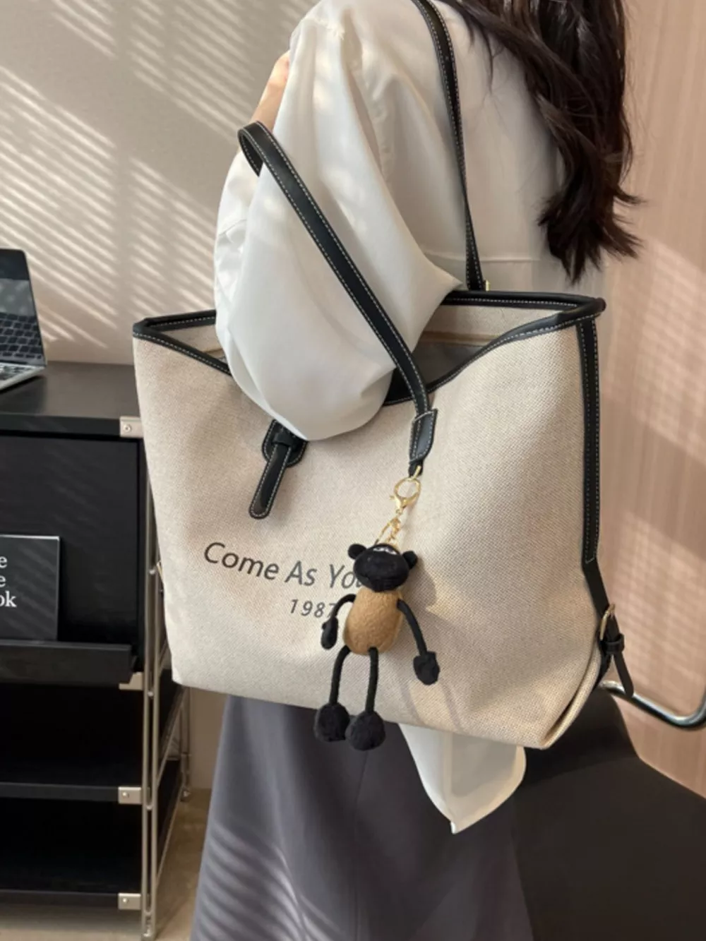 Canvas Tote Shoulder Bag with Charm, image 6
