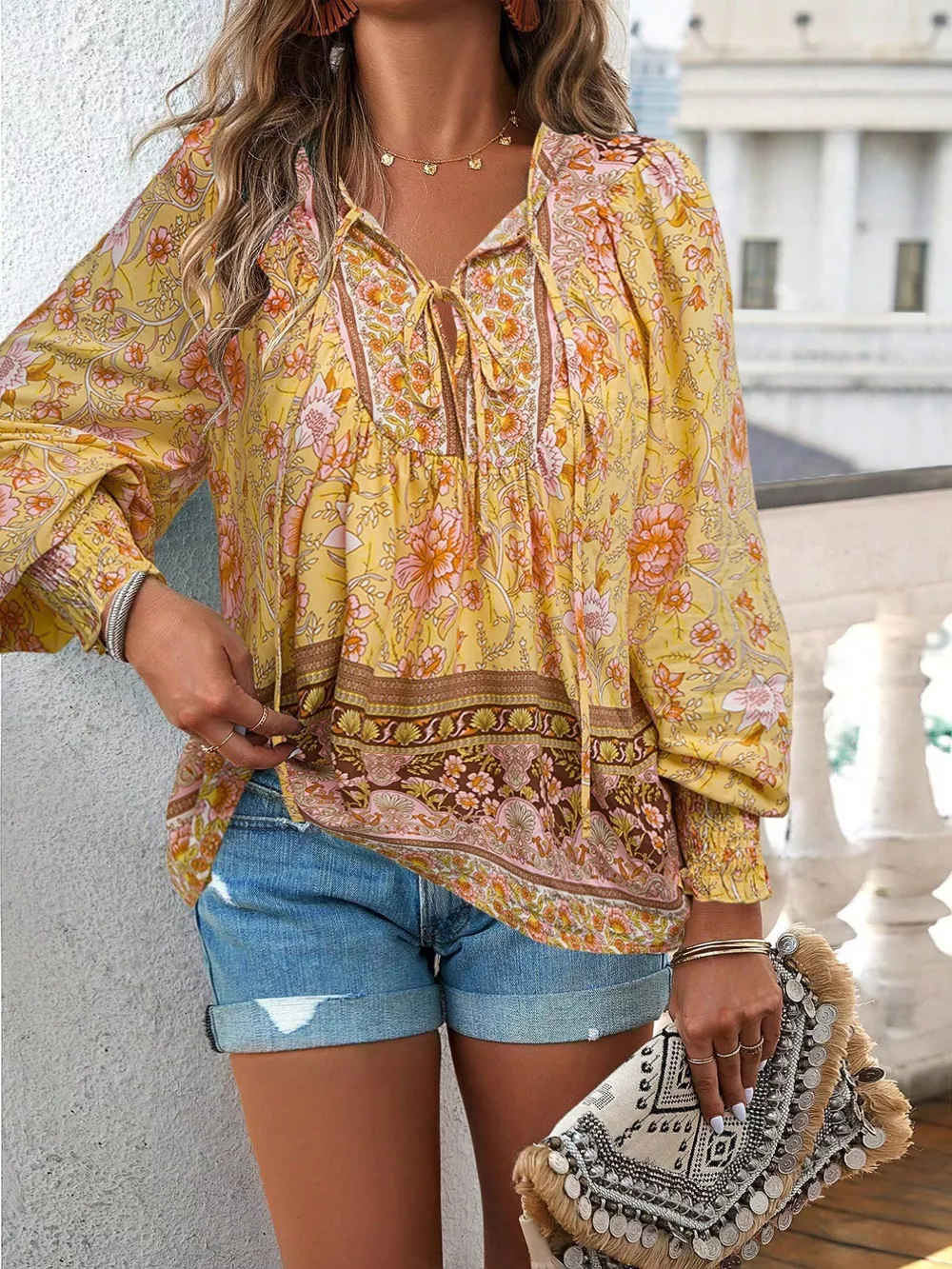 Floral Print Tie Neck Bohemian Blouse, image 23