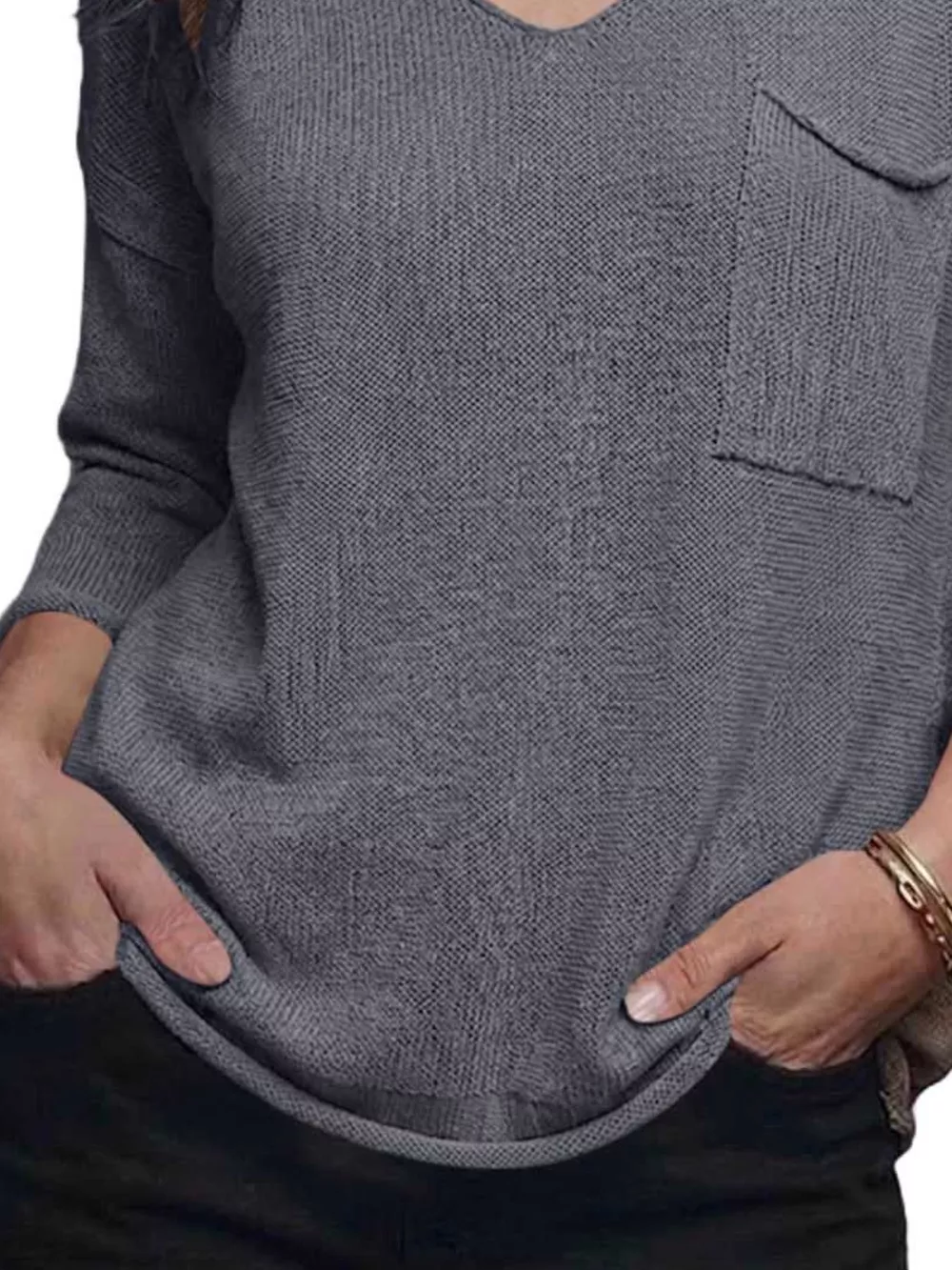 V-Neck Chest Pocket Knit Top, image 24