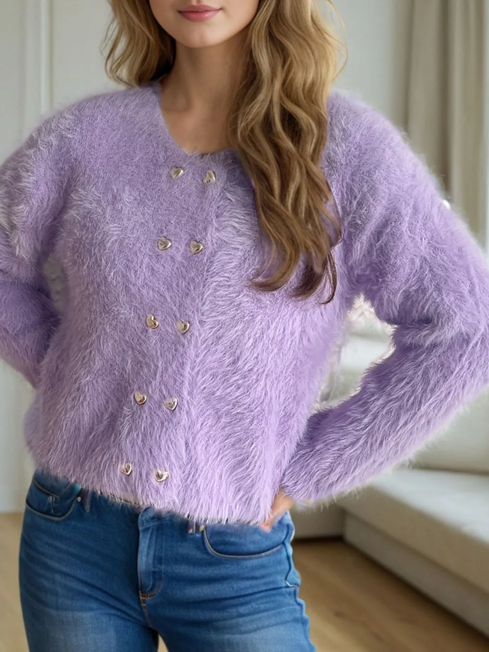 Heart Button Round Neck Cardigan, image 7
