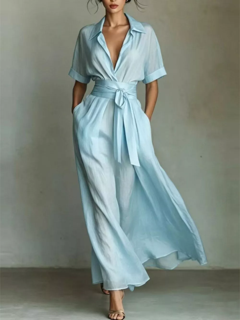 Collared Neck Maxi Shirt Dress, image 11