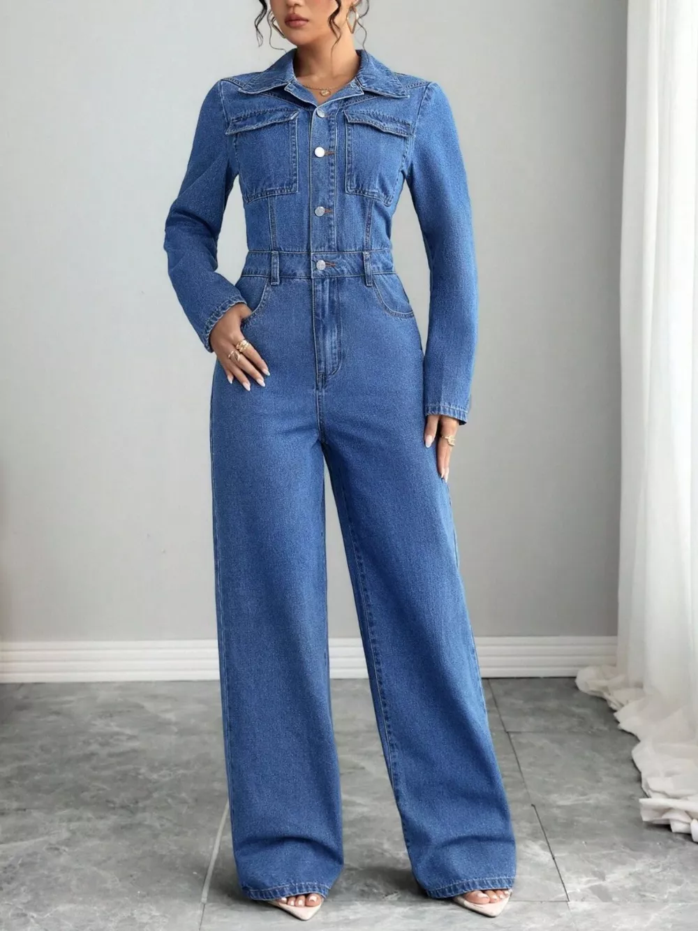 Button Front Long Sleeve Denim Jumpsuit, image 3