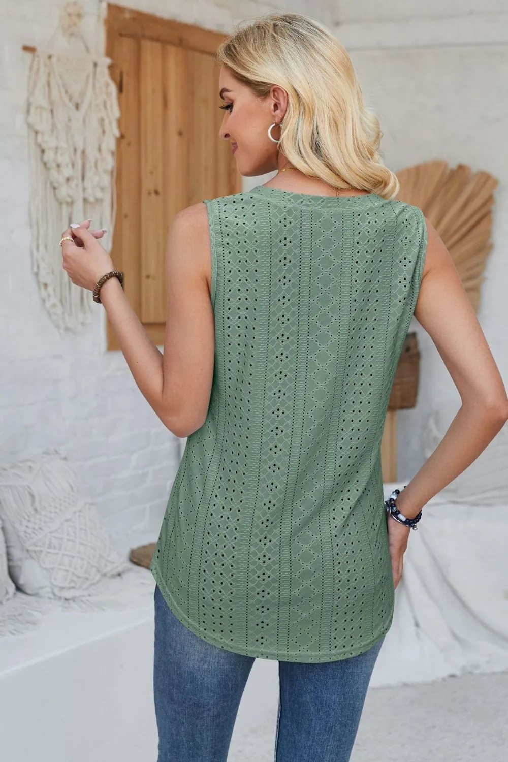 Eyelet Decorative Button V-Neck Tank, image 22