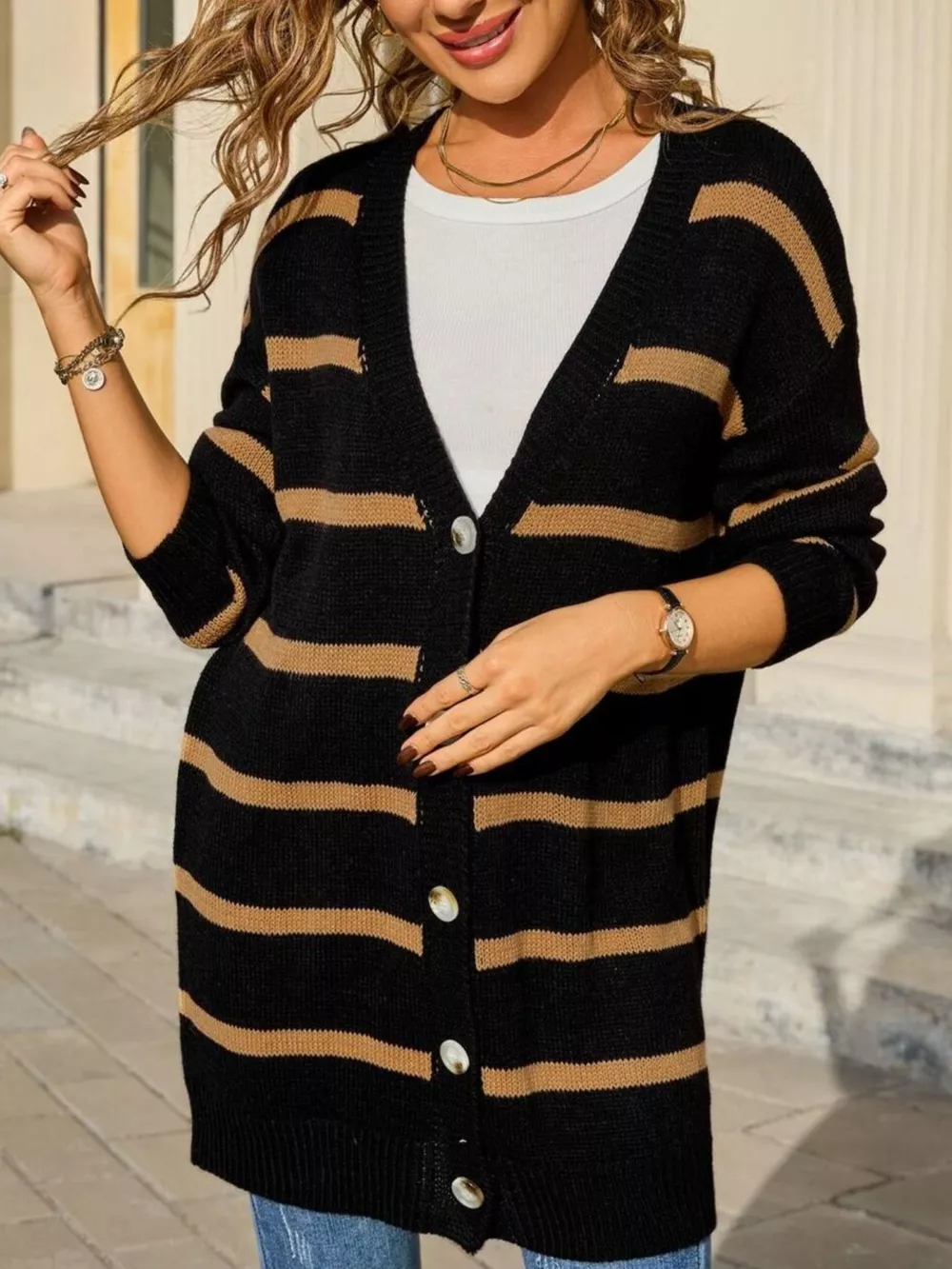Striped Button-Down Knit Cardigan, image 13