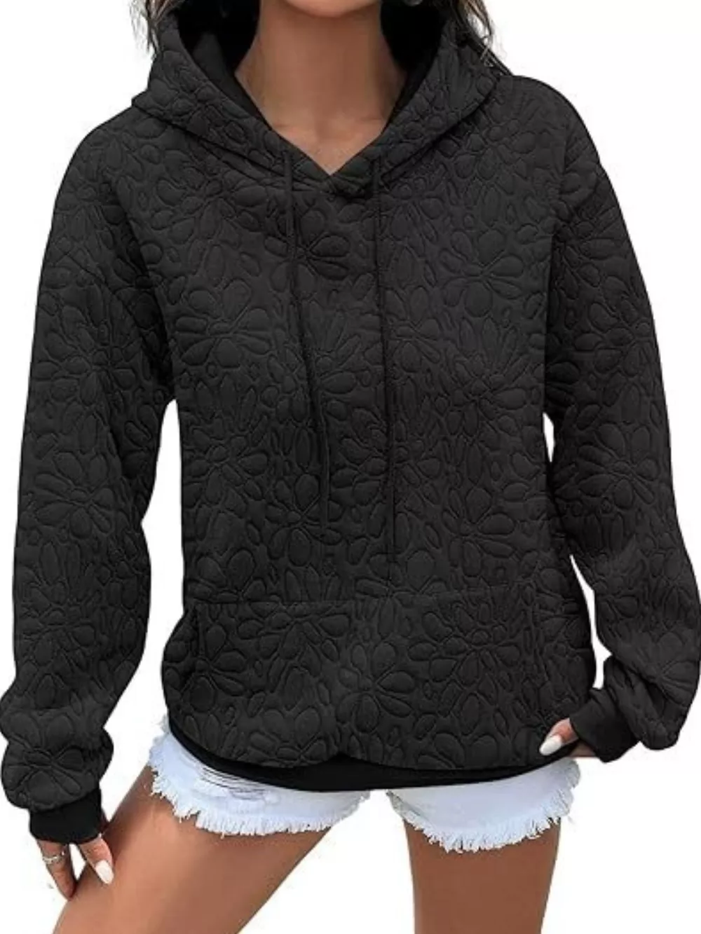 Textured Floral Quilted Hoodie, image 4