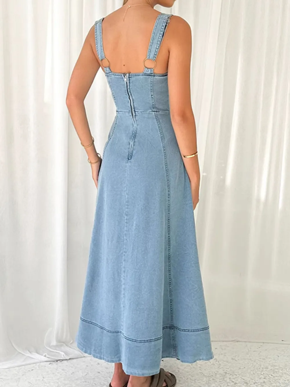 Wide Strap Sweetheart Neck Denim Dress, image 4