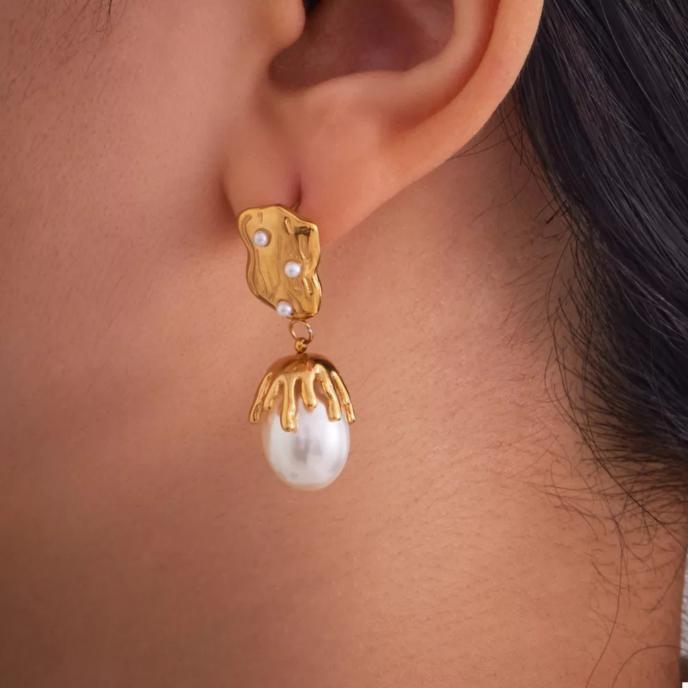 18K Gold-Plated Synthetic Pearl Drop Earrings, image 4