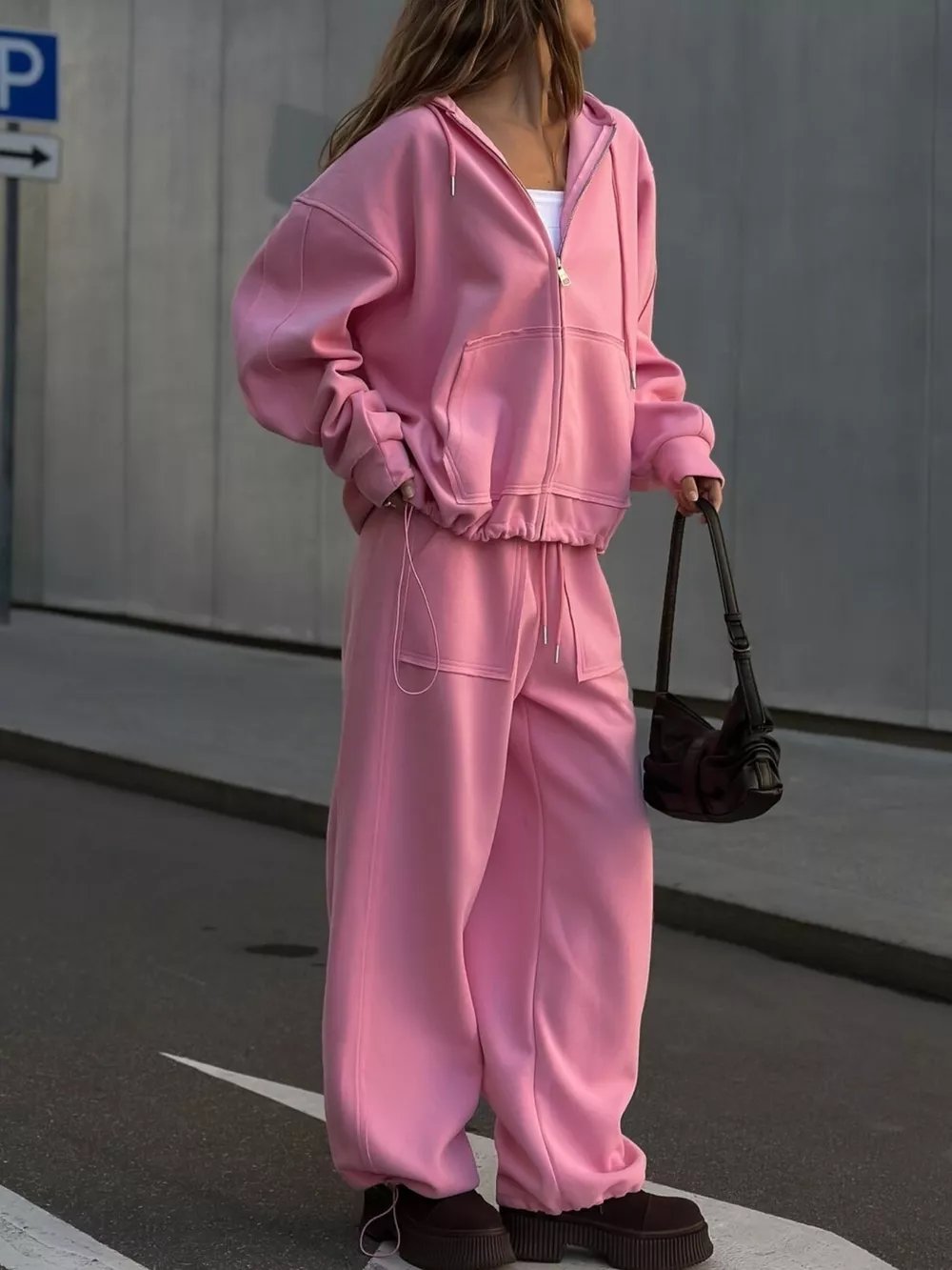 Oversized Zip-Up Hoodie and Wide-Leg Pants Set, image 18
