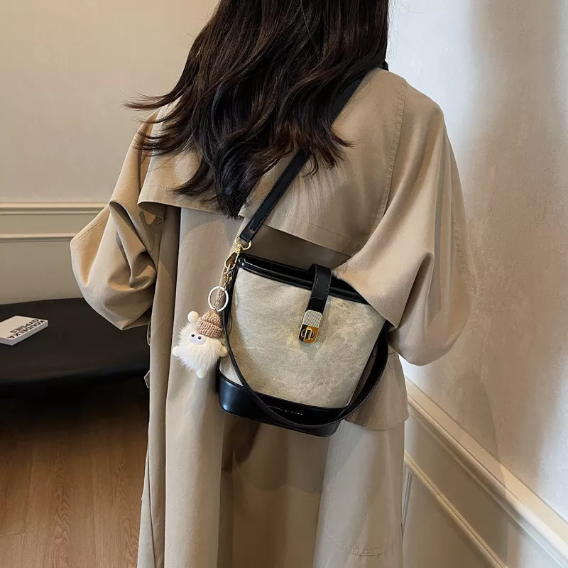 Vintage Bucket Crossbody Bag with Plush Charm, image 5