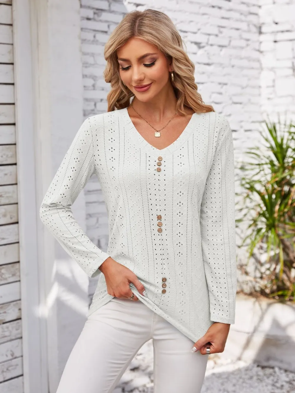 Decorative Button Openwork V-Neck T-Shirt, image 5