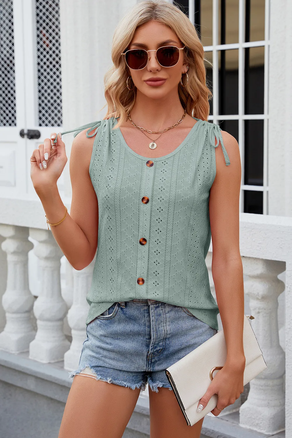 Eyelet Round Neck Wide Strap Tank, image 31