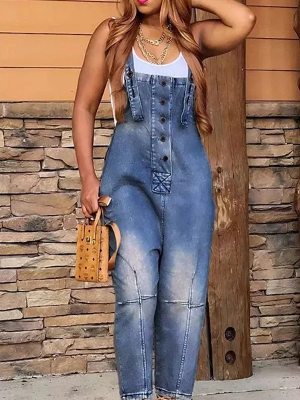 Full Size Button Front Denim Overalls with Pockets Plus Size, image 7