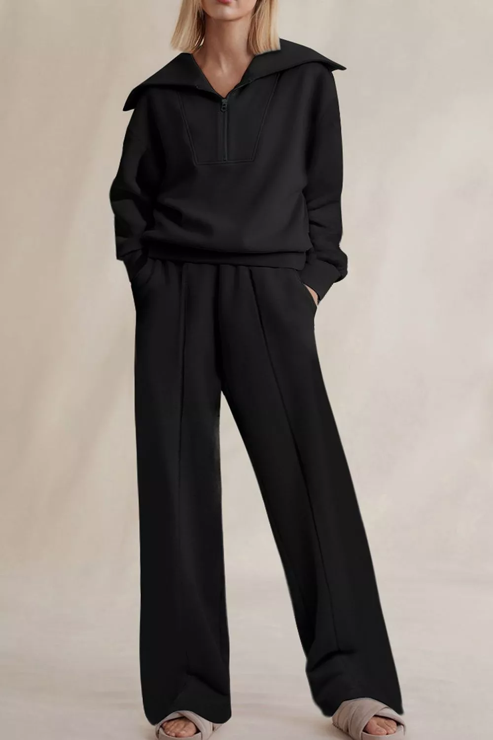 Solid Zip Sailor Collar Pullover Athleisure Sweatpants 2pcs Set, image 5