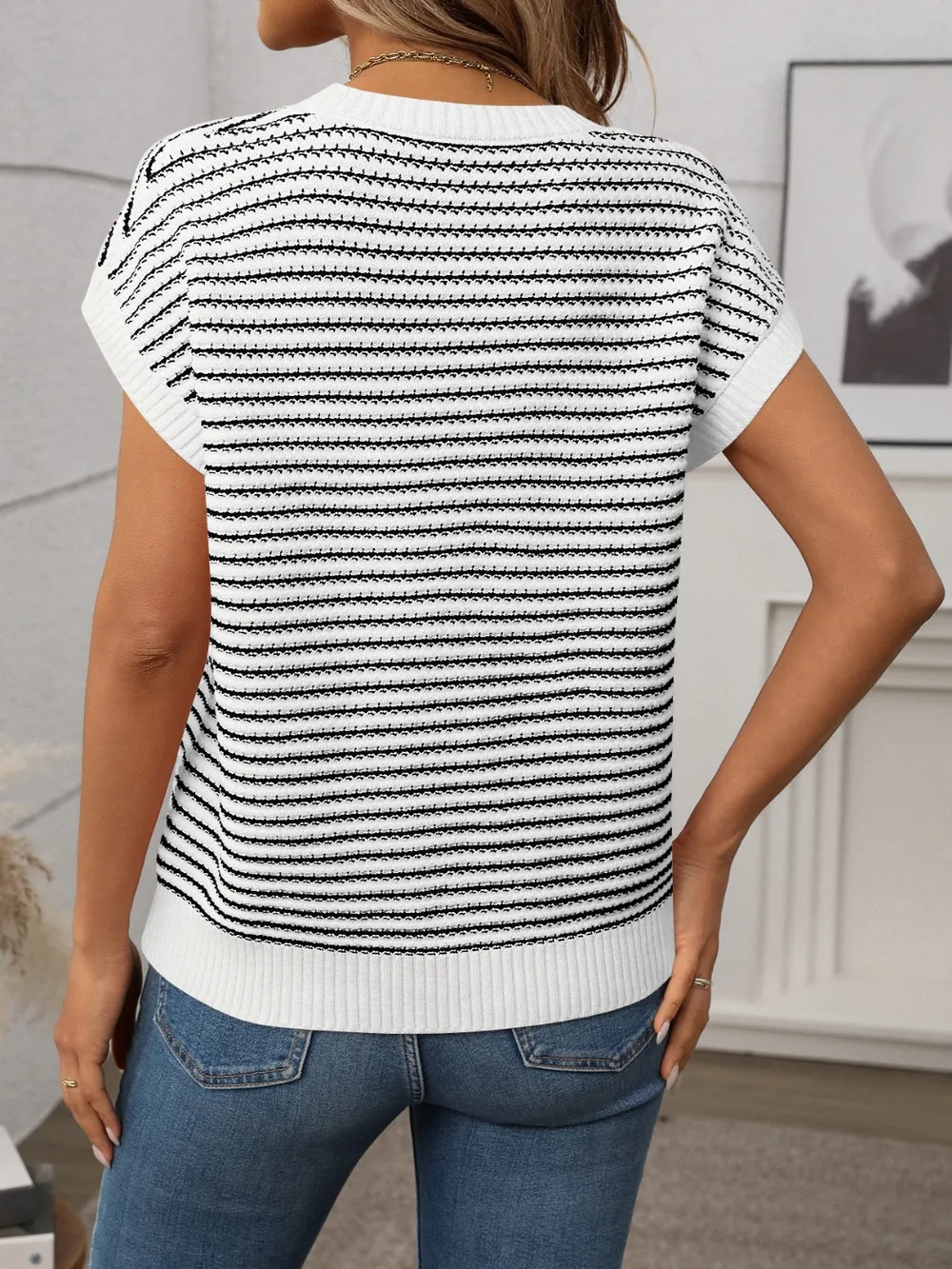 Striped Round Neck Short Sleeve Knit Top, image 21