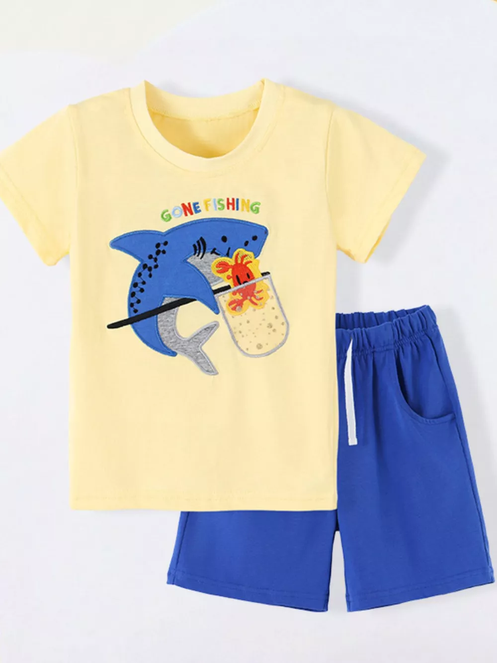 Children's Shark Embroidered Round Neck Tee and Shorts Set, image 2