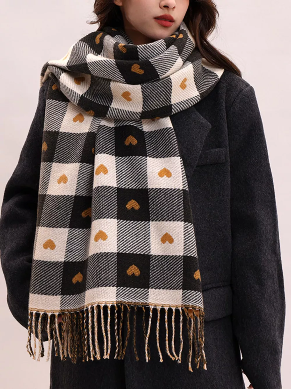 Heart Pattern Plaid Tassel Scarf, image 4