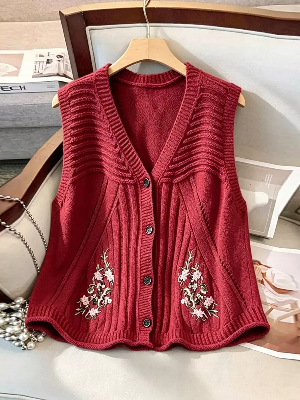 Floral Embroidered V-Neck Button-Down Sweater Vest, image 2