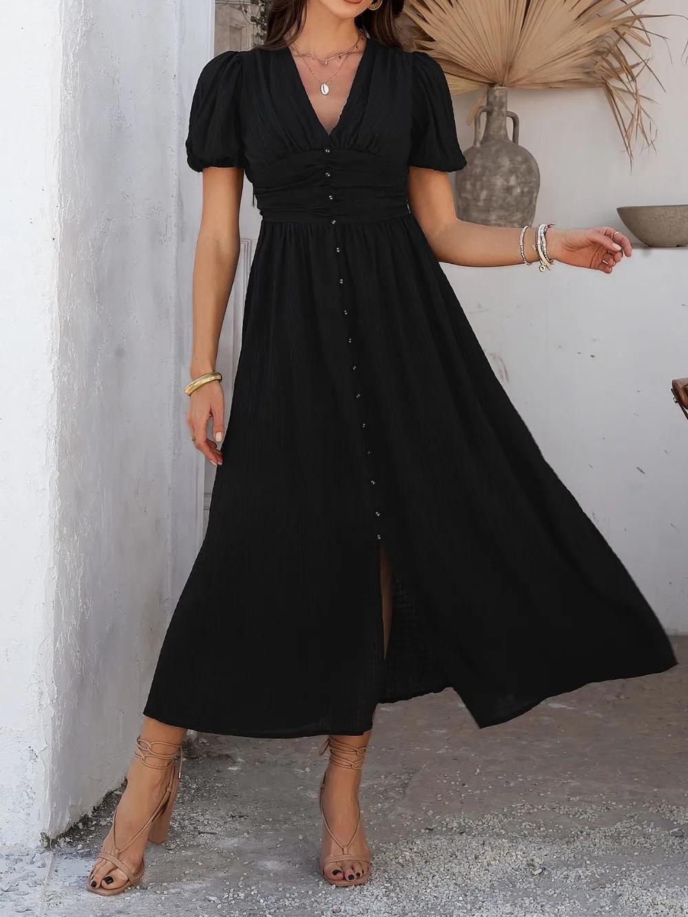 V-Neck Puff Short Sleeve Midi Dress, image 30