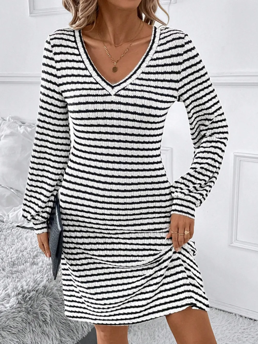 Striped V-Neck Long Sleeve Dress, image 2