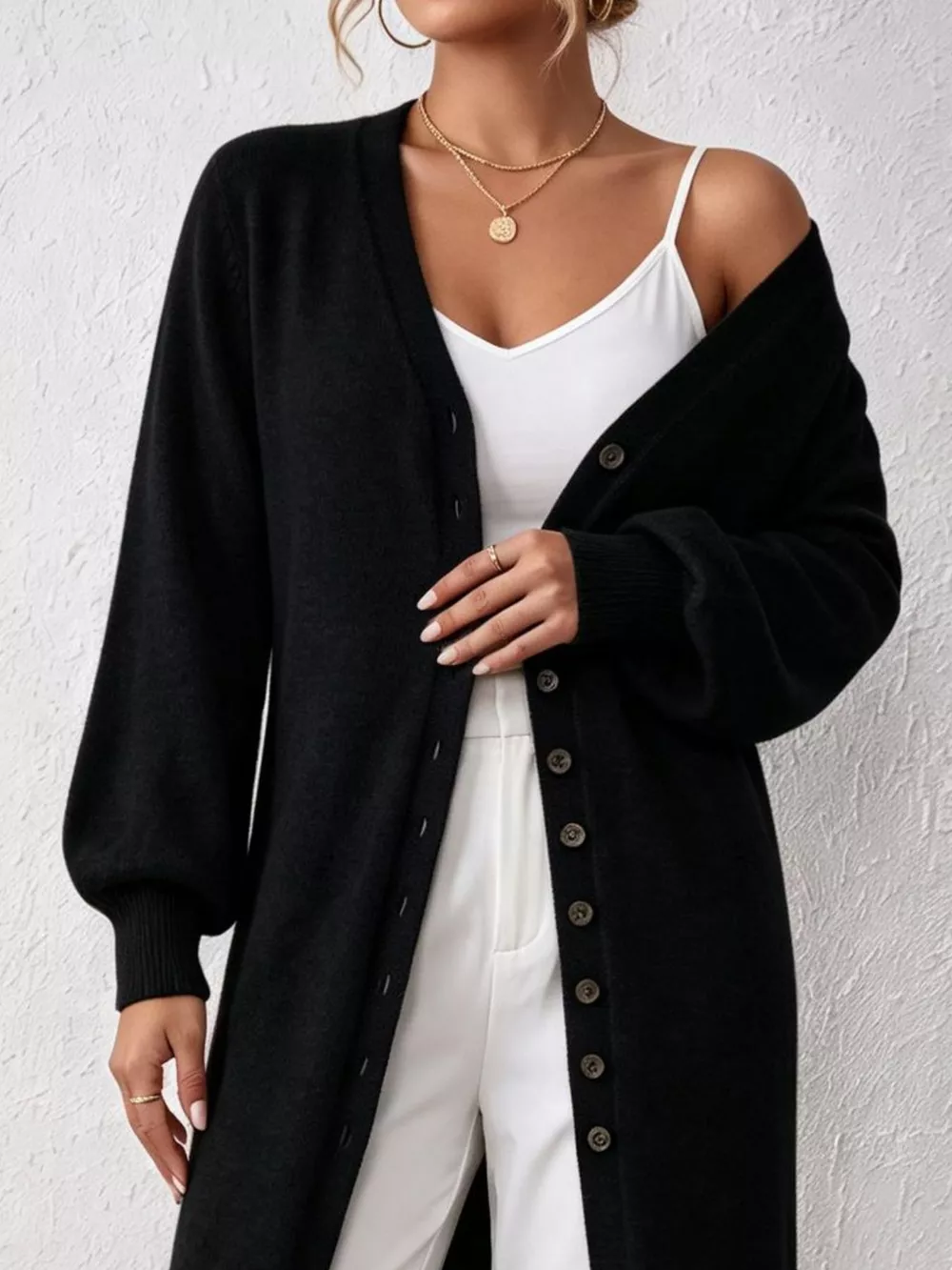 Elegant Longline Button-Front Cardigan with Lantern Sleeves, image 6