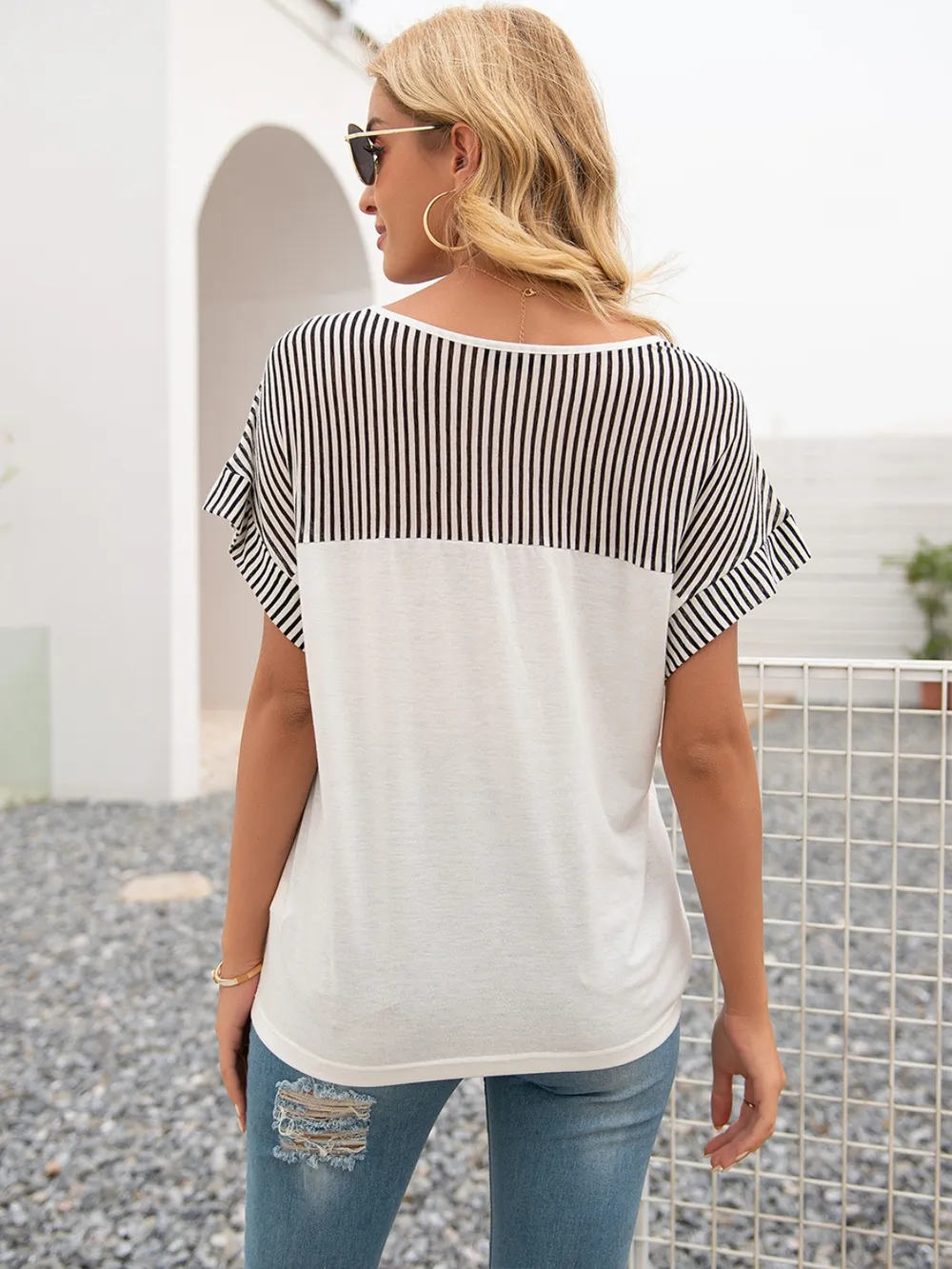 Striped V-Neck Short Sleeve T-Shirt, image 12
