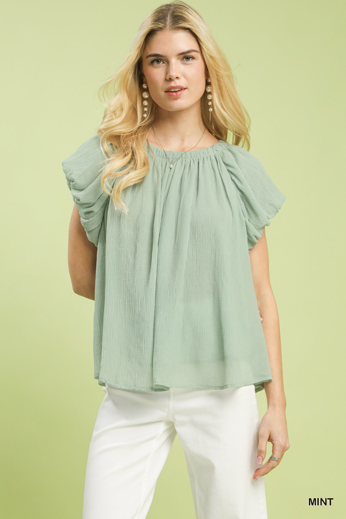 Crinkle Flutter Sleeve Peasant Top