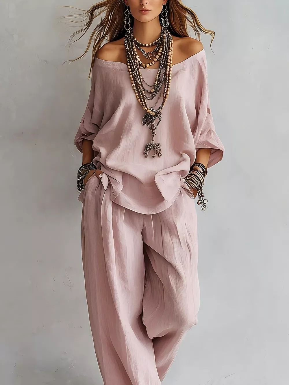 Off-Shoulder Loose Fit Top and Pants Two-Piece Set, image 2