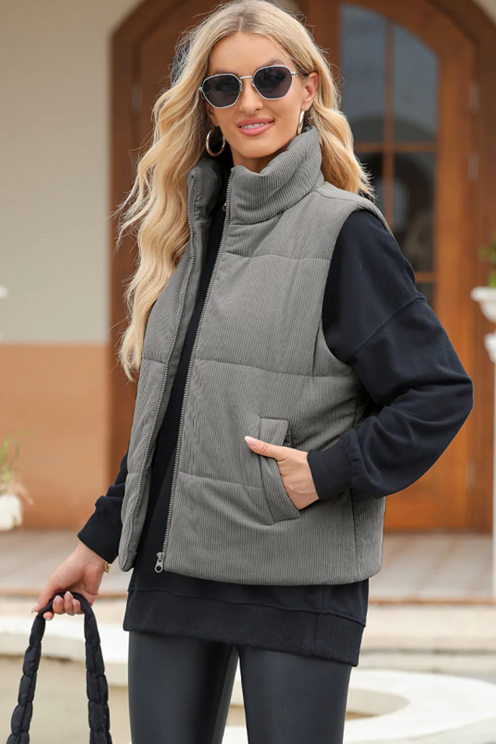 Pocketed Zip Up Turtleneck Vest Coat, image 22