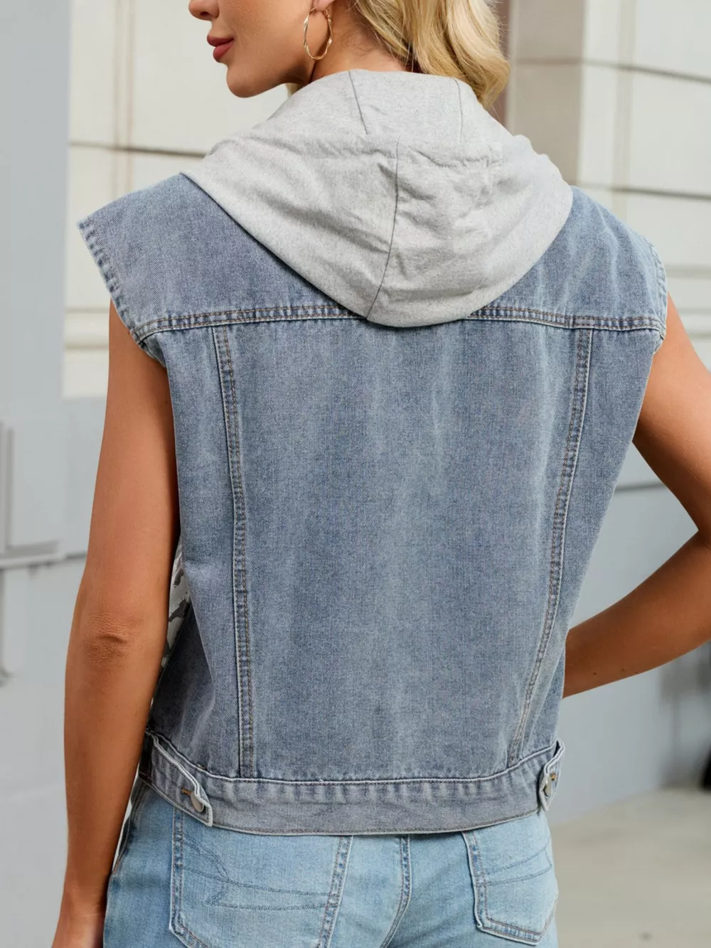 Leopard Button Up Hooded Denim Vest, image 3