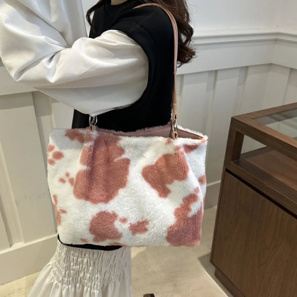 Cow Print Furry Tote Bag, image 17