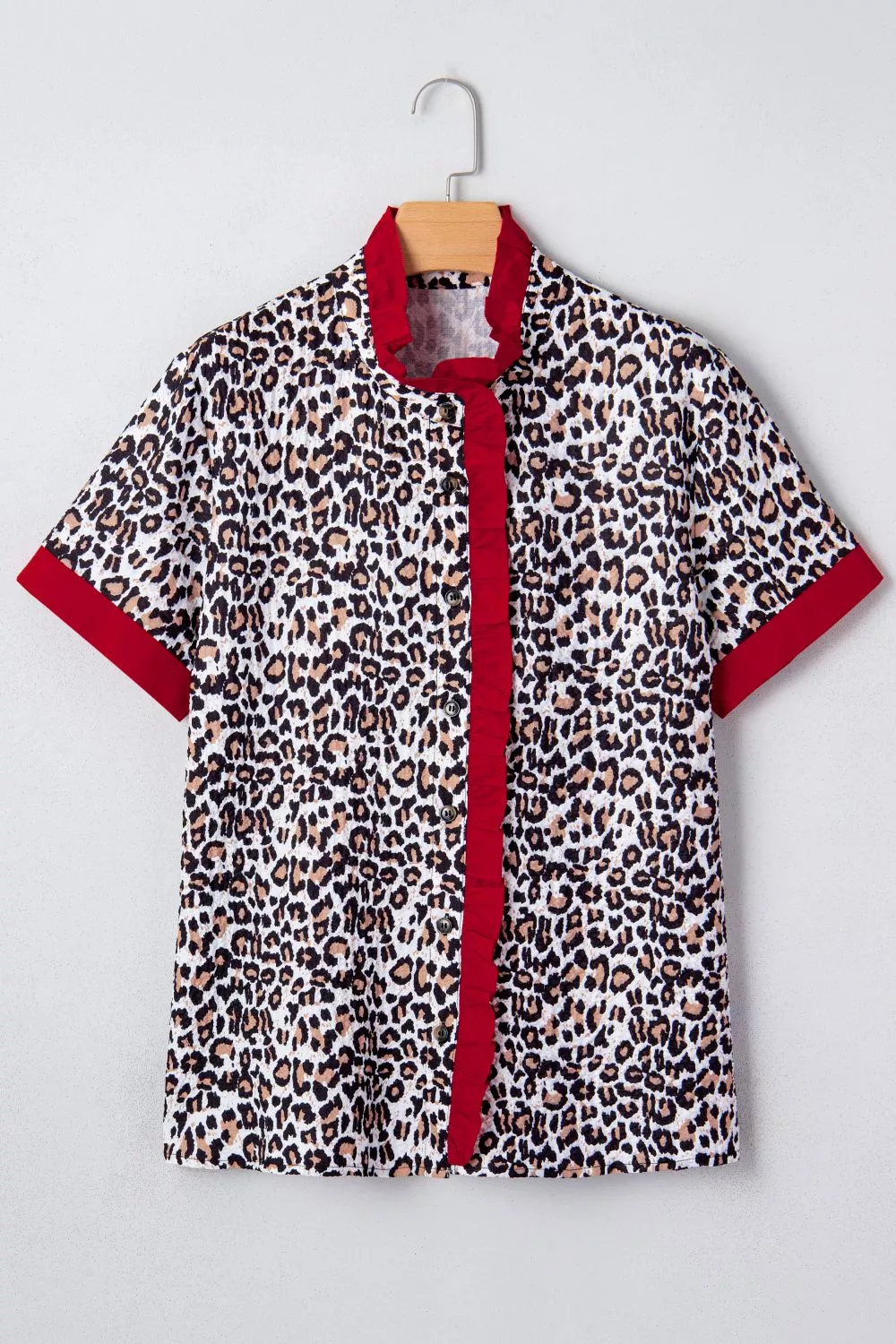 Contrast Frilled V Neck Trimmed Leopard Shirt, image 2