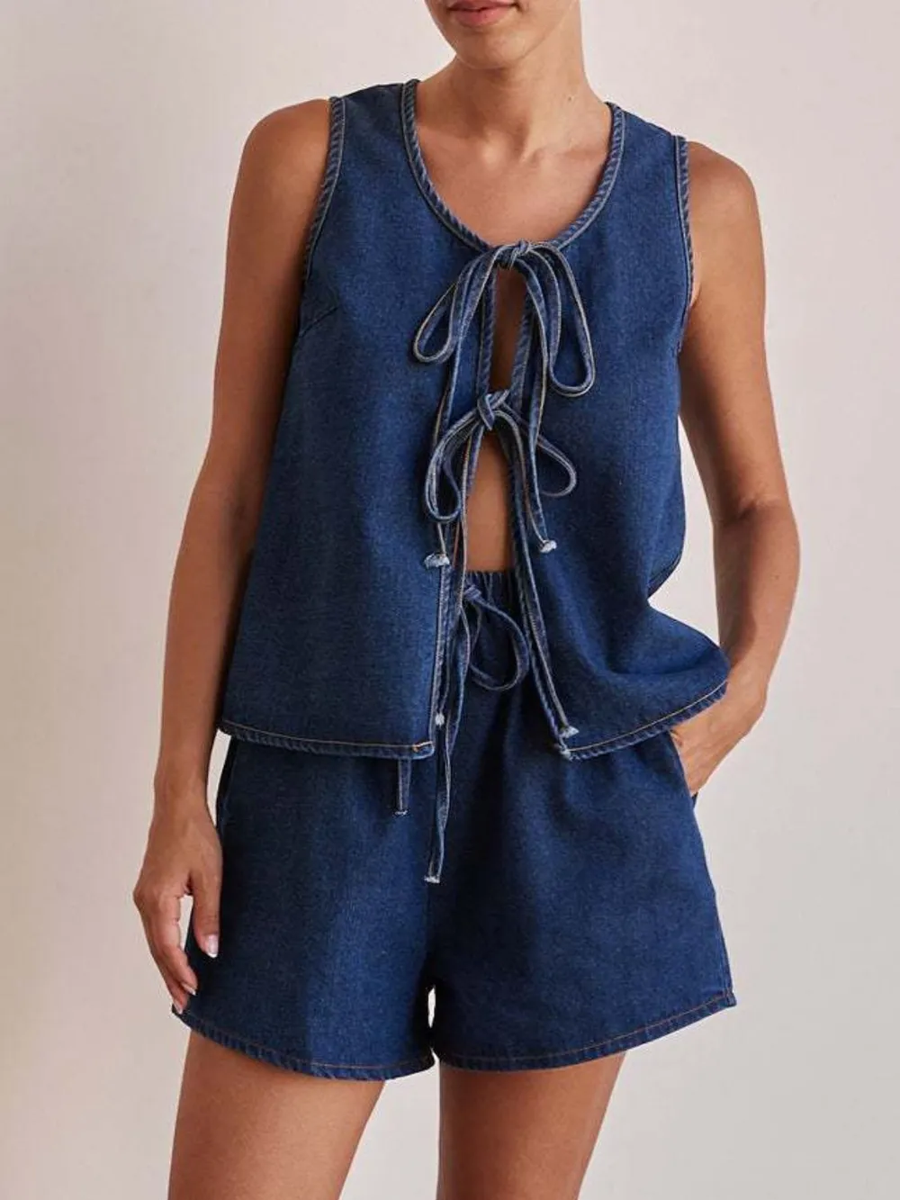 Tie Front Vest and Shorts Denim Set, image 5