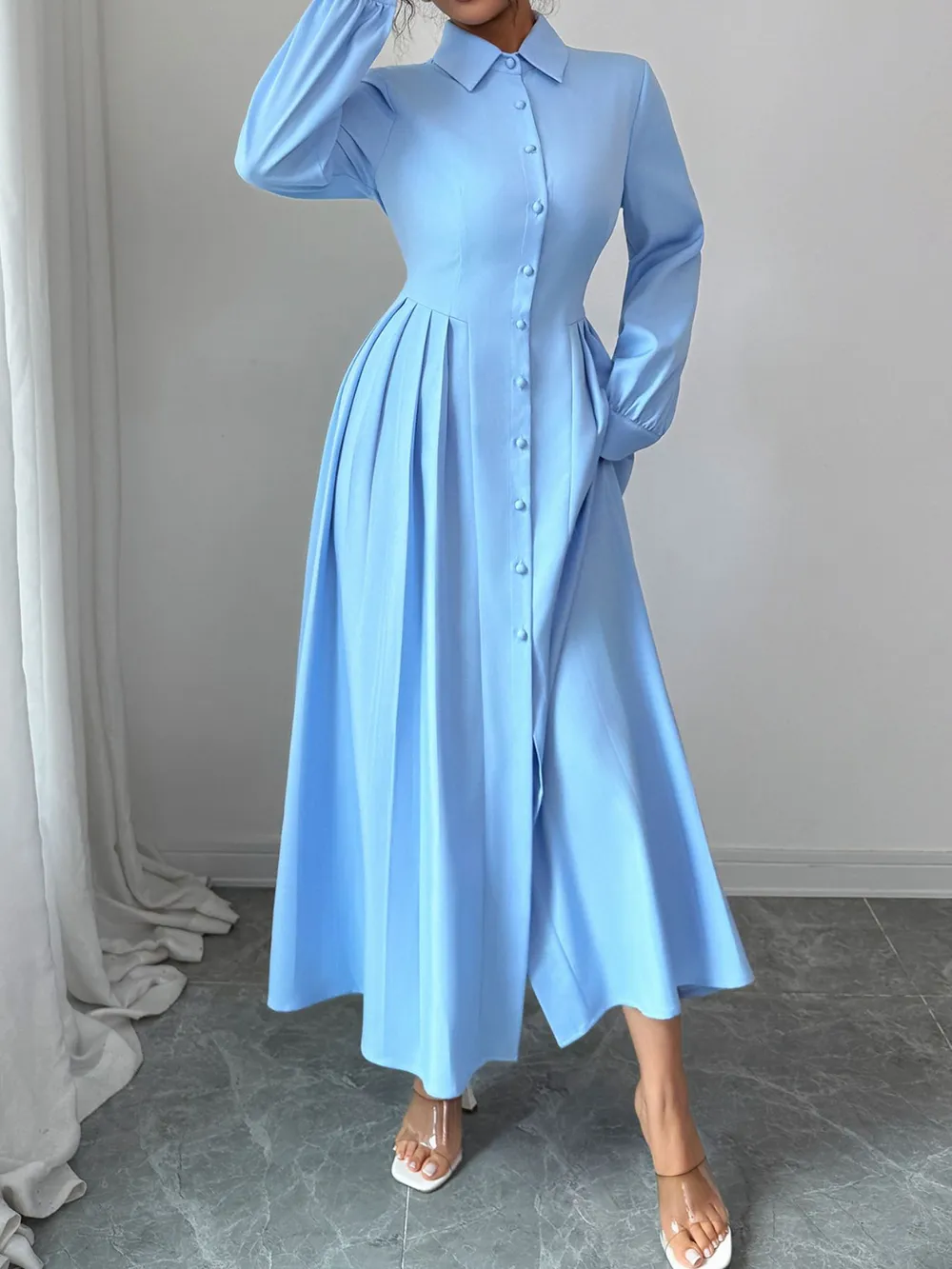 Button-Front Maxi Shirt Dress, image 4