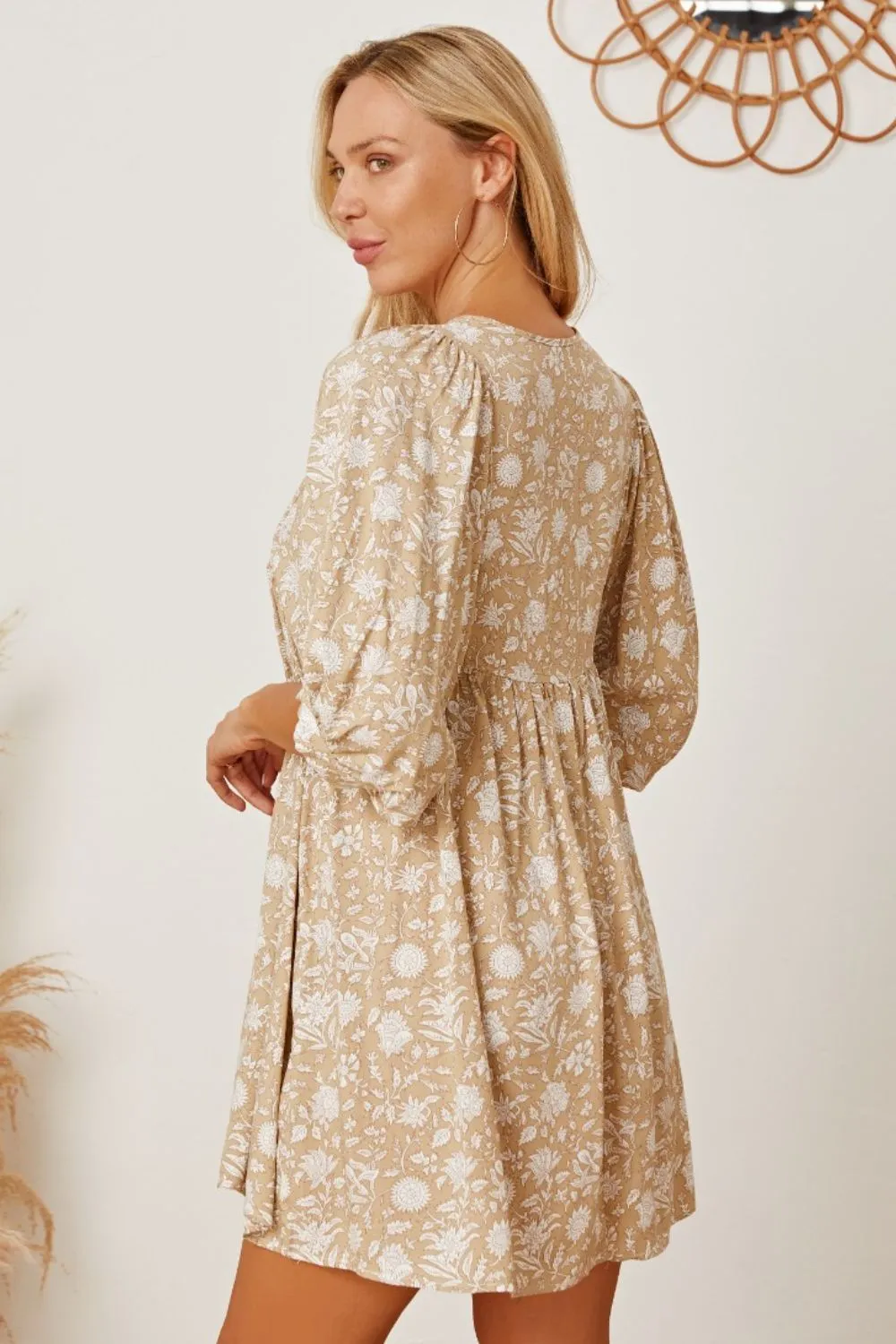 Floral Tie Neck Ruched Babydoll Dress, image 3
