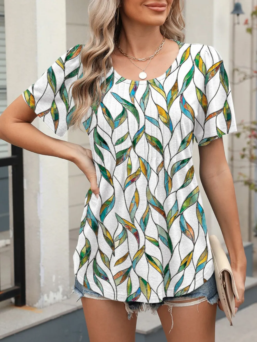 Floral Round Neck Short Sleeve Top, image 20