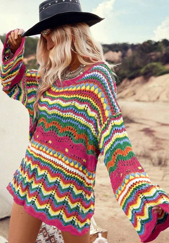 Openwork Contrast Round Neck Flare Sleeve Knit Top, image 12