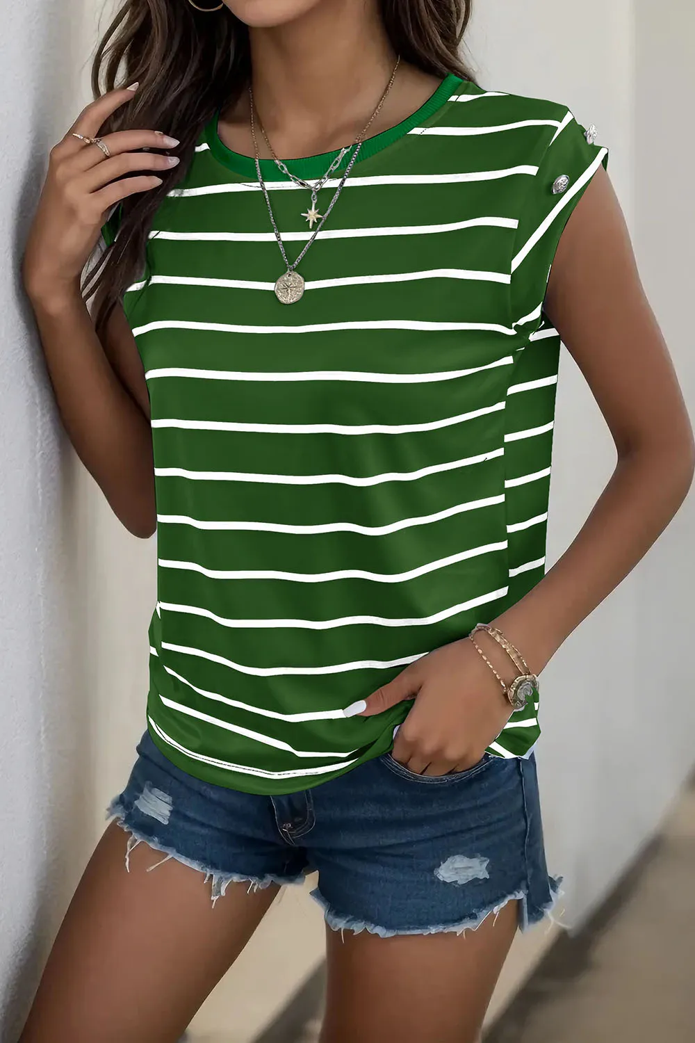 Decorative Button Round Neck T-Shirt, image 36
