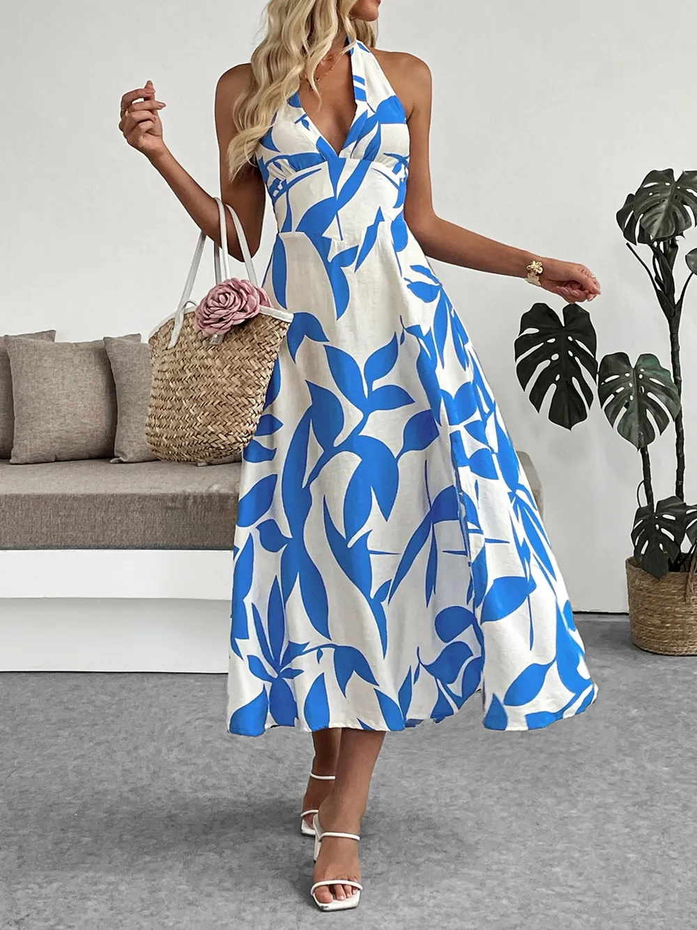 Leaf Print Halter Neck Midi Dress, image 9